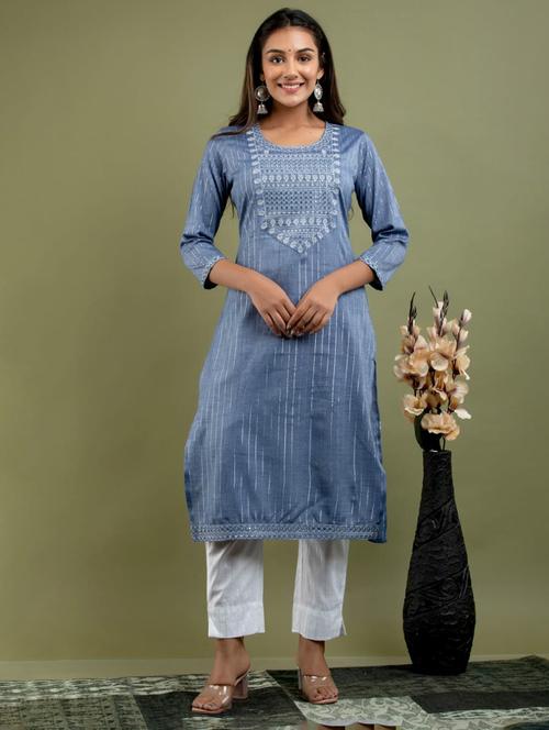 women grey three quarter sleeve straight kurta - 21549863 - Very Small Image - 1