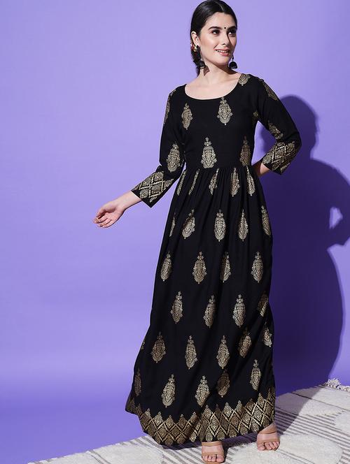 women black foil printed anarkali kurta - 21549936 - Very Small Image - 1