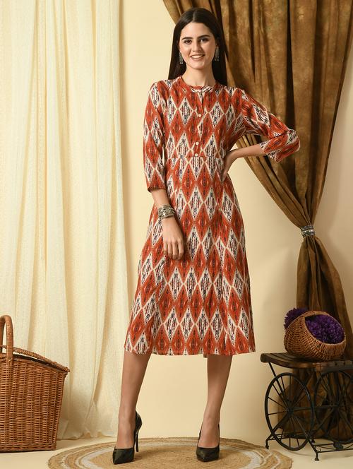 women rust ikat printed a-line ethnic dress - 21549938 - Very Small Image - 1