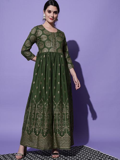 women green foil printed anarkali kurta - 21549951 - Very Small Image - 1