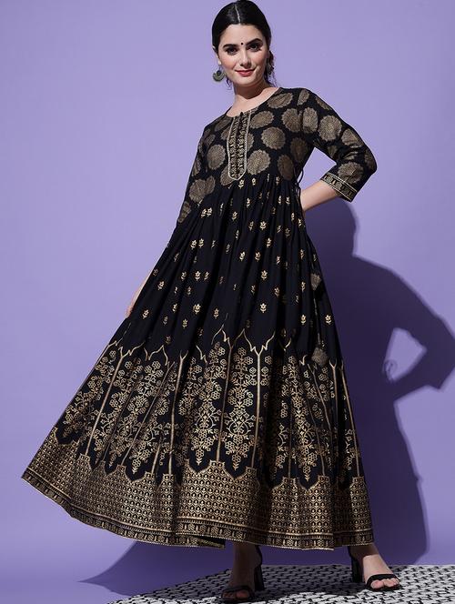 women black foil printed anarkali kurta - 21549952 - Very Small Image - 1