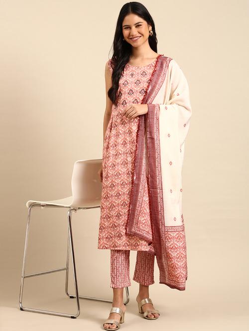women peach sleeveless kurta pant with dupatta set - 21550323 - Very Small Image - 1