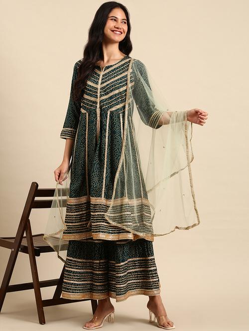 women bandhani printed kurta sharara with dupatta set - 21550361 - Very Small Image - 1