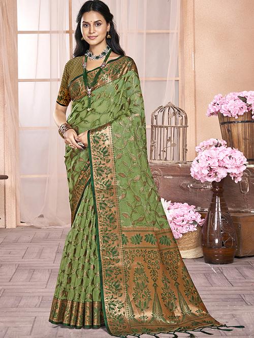 women zari work banarasi saree with blouse - 21551157 - Very Small Image - 1