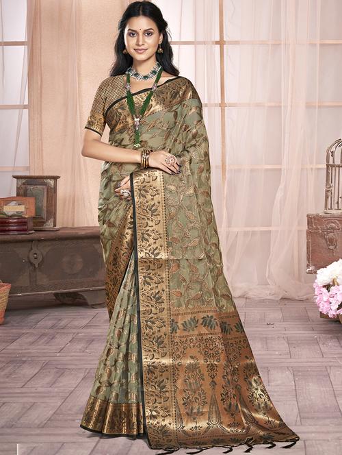 women zari work banarasi saree with blouse - 21551158 - Very Small Image - 1