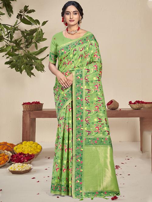 green silk handloom saree with blouse - 21551404 - Very Small Image - 1
