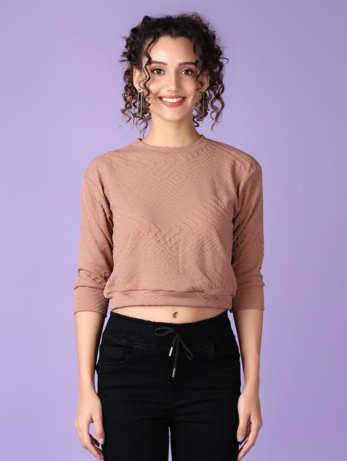 women brown self design long sleeve crop top - 21551554 - Very Small Image - 1