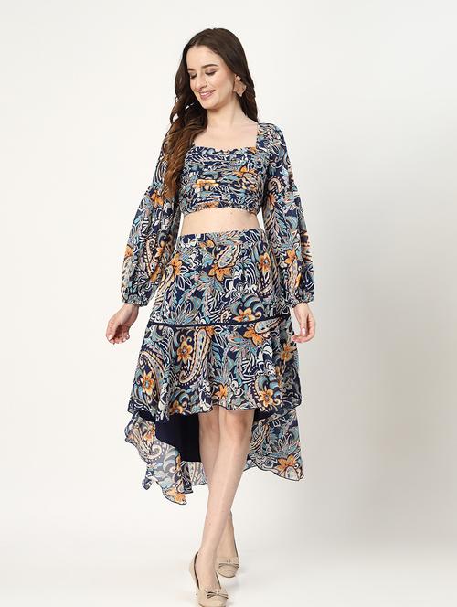 women navy blue printed top and skirt co-ord set - 21552040 - Very Small Image - 1