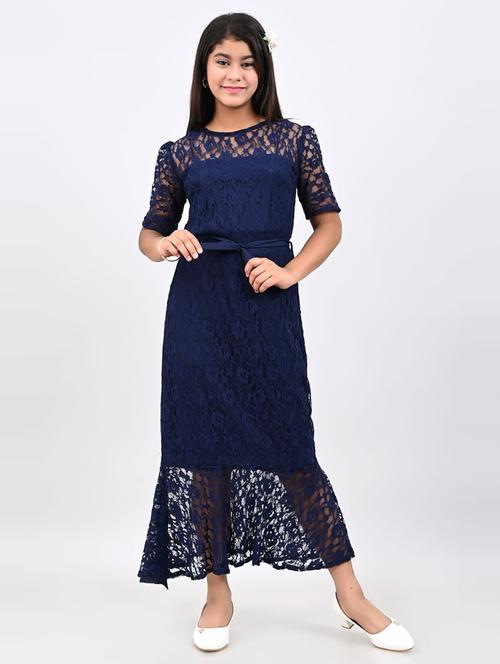 girls round neck self design net dress - 21552800 - Very Small Image - 1