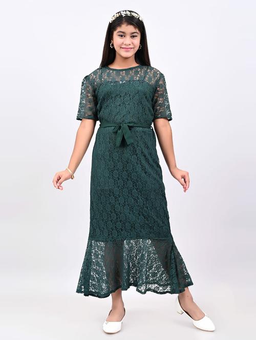 girls round neck self design net dress - 21552801 - Very Small Image - 1