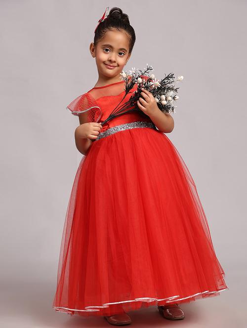 girls red self-designed frock - 21553898 - Very Small Image - 1
