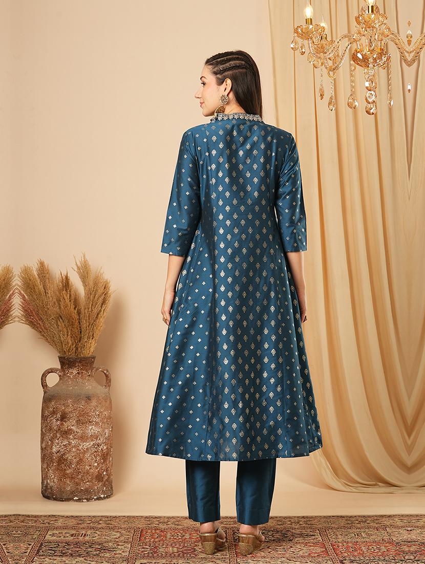 globus women blue v-neck allover gold foil printed panelled anarkali kurta with elasticated narrow pants festive set - 21554285 - Zoom Image - 2