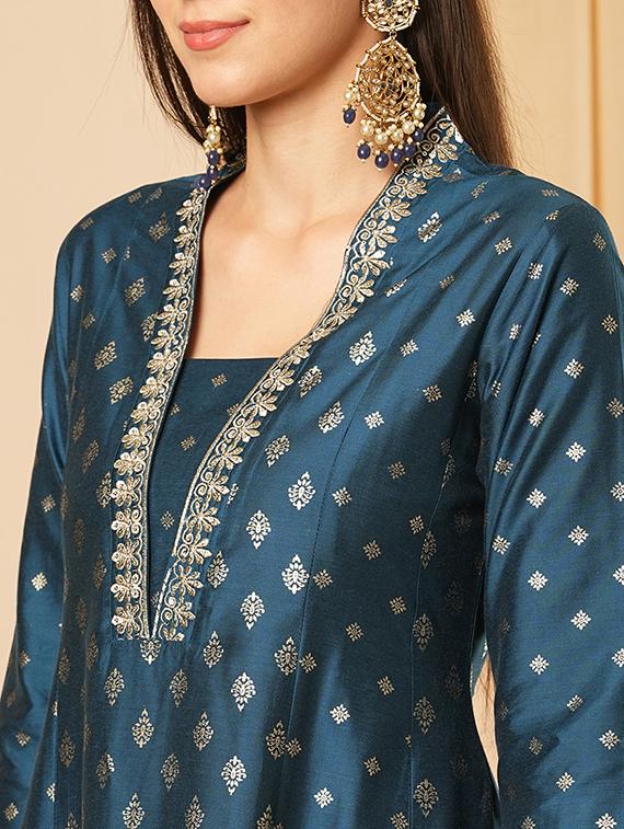 globus women blue v-neck allover gold foil printed panelled anarkali kurta with elasticated narrow pants festive set - 21554285 - Standard Image - 4