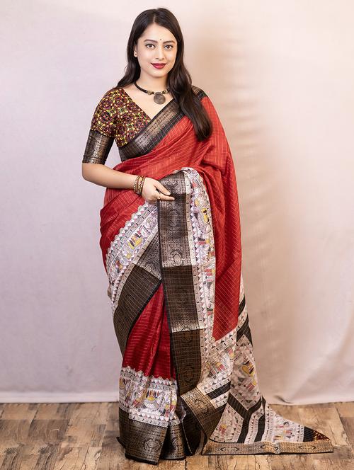 women red checks zari bordered saree - 21554304 - Very Small Image - 1