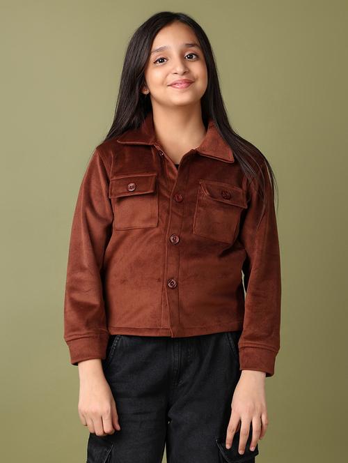 girls brown solid long sleeve jacket - 21554883 - Very Small Image - 1