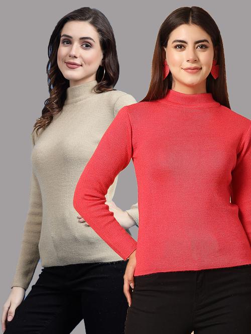 women pack of 2 solid high neck long sleeve top - 21555348 - Very Small Image - 1