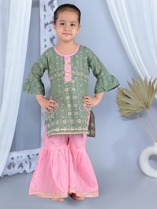 girls printed bell sleeves kurta sharara set - 21555848 - Very Small Image - 1
