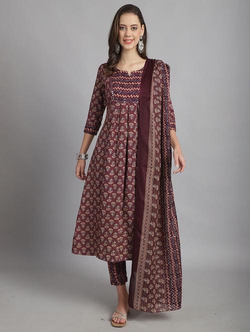 women three quarter sleeve anarkali kurta pant with dupatta set - 21558487 - Very Small Image - 1