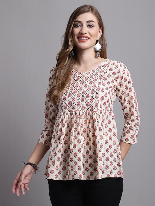 women beige floral printed a-line top - 21558645 - Very Small Image - 1