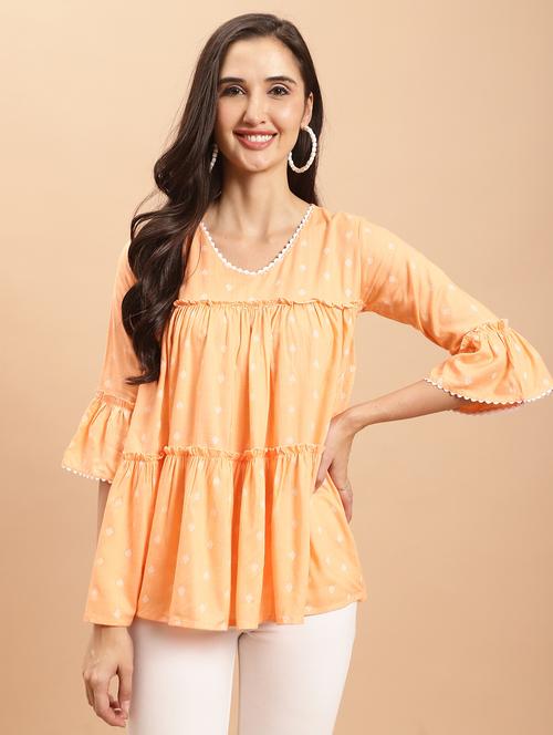 women orange printed bell sleeves tiered top - 21558656 - Very Small Image - 1