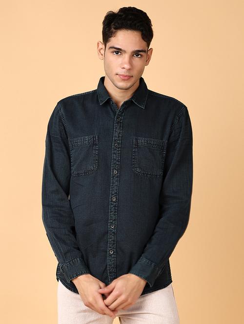 Men Solid Blue Denim Casual Shirt - 21558772 - Very Small Image - 1