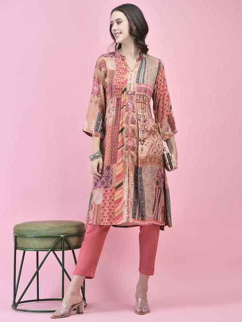 women peach printed a-line kurta - 21559339 - Very Small Image - 1
