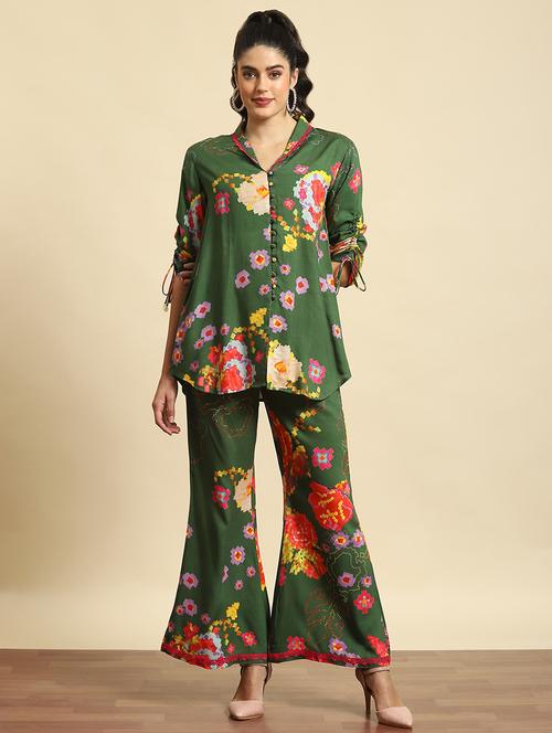 women green printed lapel neck co-ord set - 21559369 - Very Small Image - 1