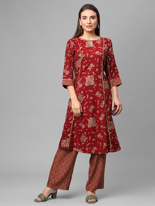 women maroon floral kurta pant set - 21559426 - Very Small Image - 1
