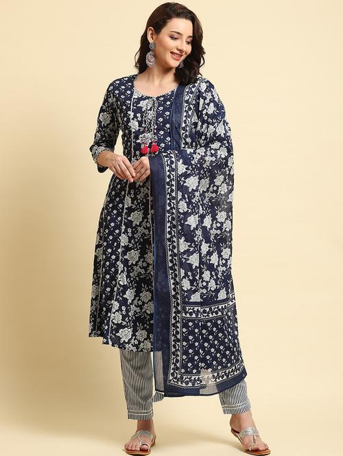 women navy blue floral printed suit set - 21559547 - Very Small Image - 1
