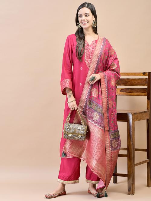 women pink self design kurta pant set with dupatta - 21559638 - Very Small Image - 1