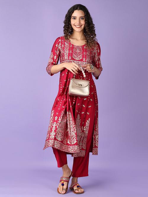 women magenta foil printed kurta pant set - 21560582 - Very Small Image - 1