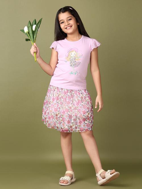 girls graphic printed round neck skirt top set - 21560888 - Very Small Image - 1