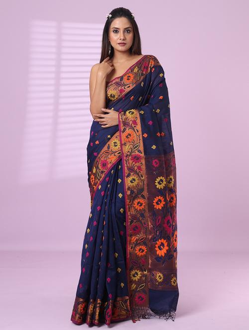 navy blue cotton silk handloom saree - 21562219 - Very Small Image - 1