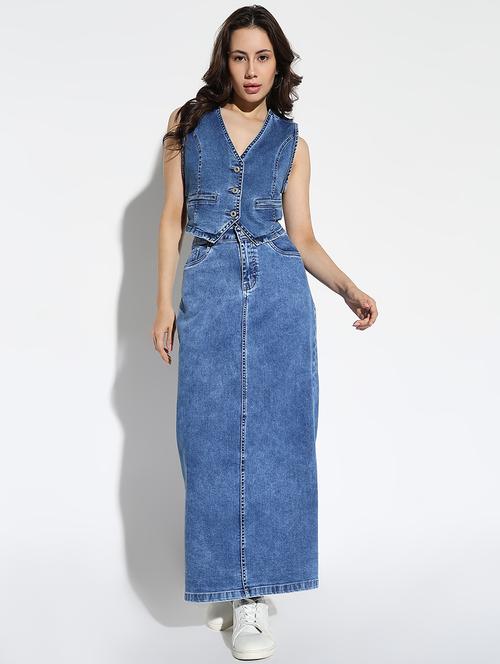 women solid denim top and skirt co-ord set - 21562595 - Very Small Image - 1