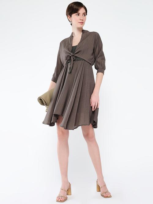 women self design sleeveless fit & flare dress with shrug - 21562683 - Very Small Image - 1