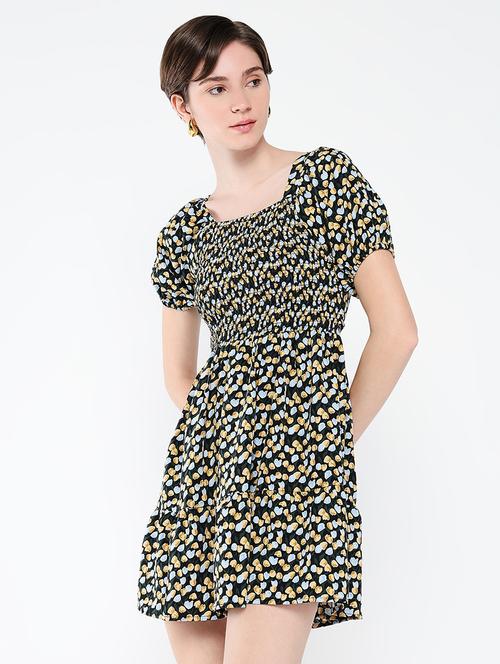 women printed puff sleeves fit & flare dress - 21562688 - Very Small Image - 1