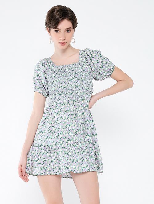 women printed puff sleeves fit & flare dress - 21562689 - Very Small Image - 1