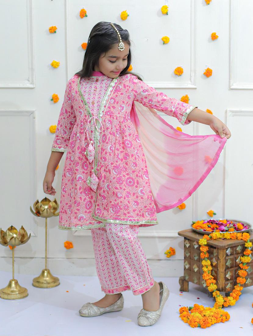 girls pink floral printed round neck fusion set - 21563869 - Standard Image - 1
