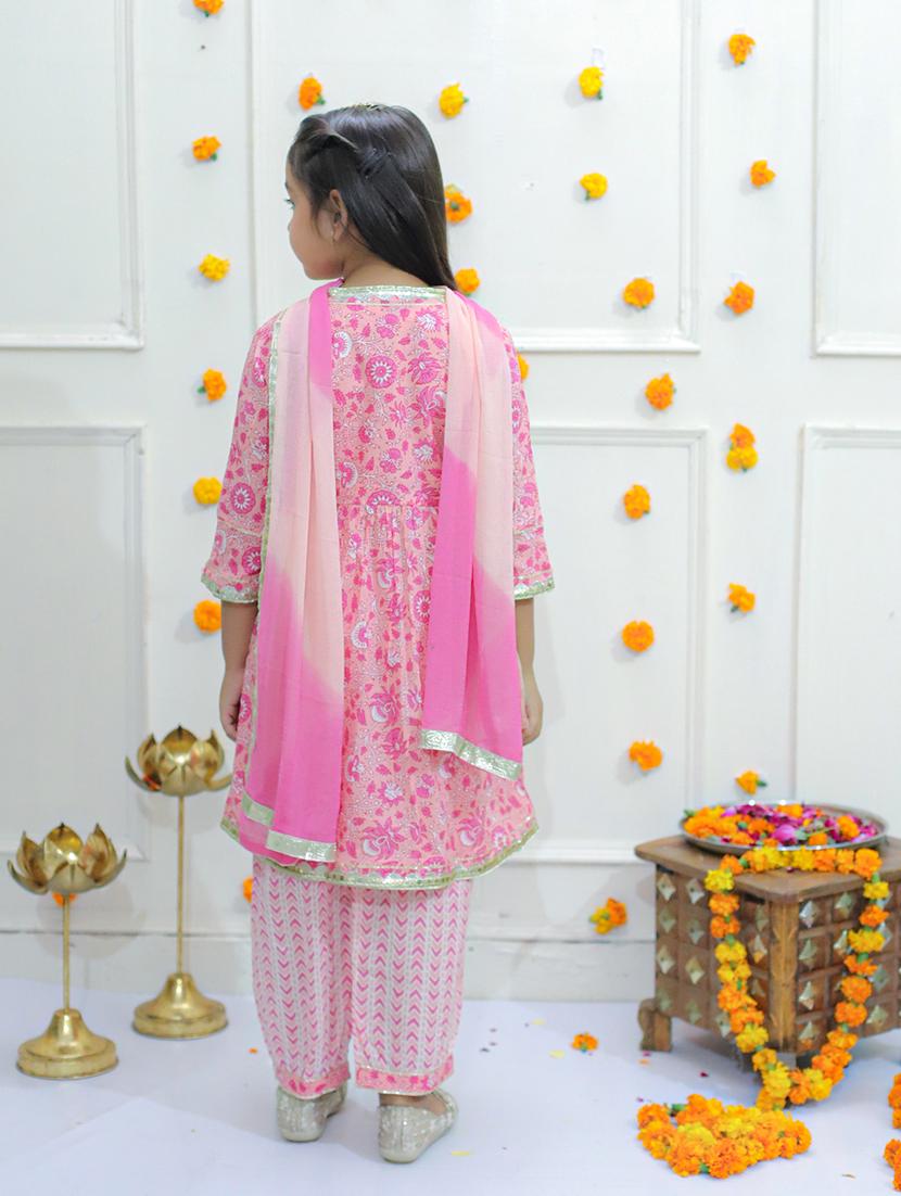 girls pink floral printed round neck fusion set - 21563869 - Standard Image - 3