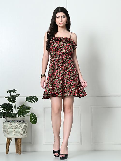 women black floral printed fit & flare dress - 21565473 - Very Small Image - 1