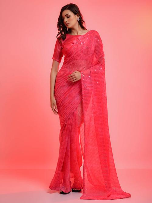 women pink sequin work saree with blouse - 21567049 - Very Small Image - 1