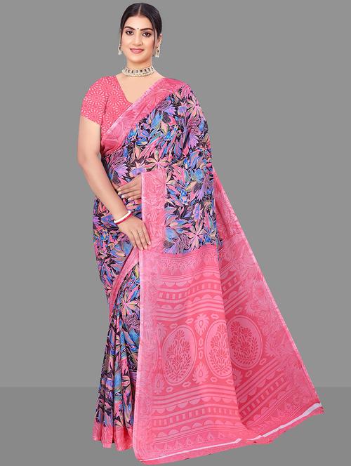 women leaf printed contrast pallu saree  - 21567545 - Very Small Image - 1