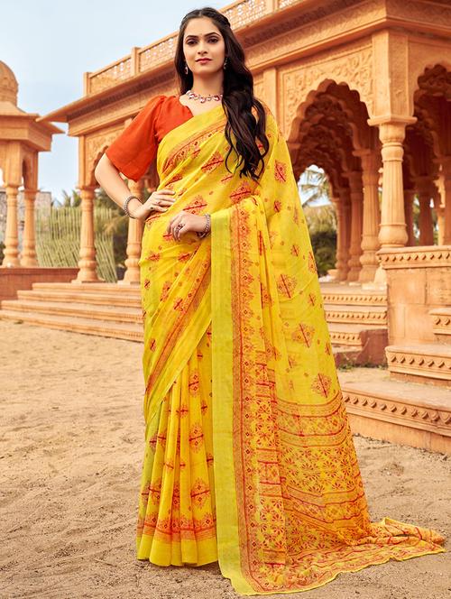 women yellow printed saree - 21567698 - Very Small Image - 1