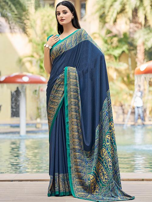 women blue printed bordered saree - 21567781 - Very Small Image - 1