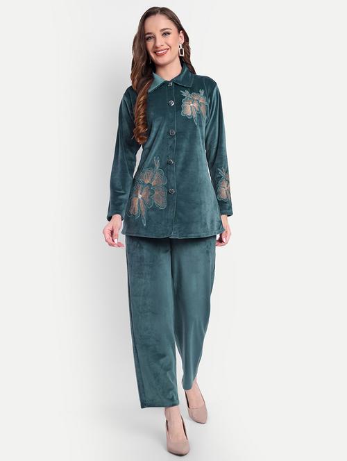 women teal embroidered long sleeves co-ord set - 21568343 - Very Small Image - 1