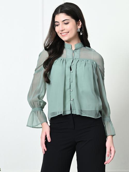women solid mandarin neck top - 21569413 - Very Small Image - 1
