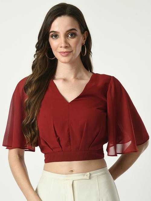 women solid v-neck crop top - 21569498 - Very Small Image - 1