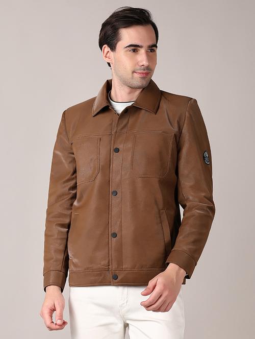 men brown solid long sleeve biker jacket - 21569671 - Very Small Image - 1