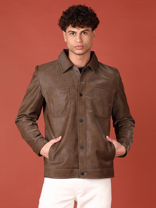 men brown solid long sleeve biker jacket - 21569672 - Very Small Image - 1