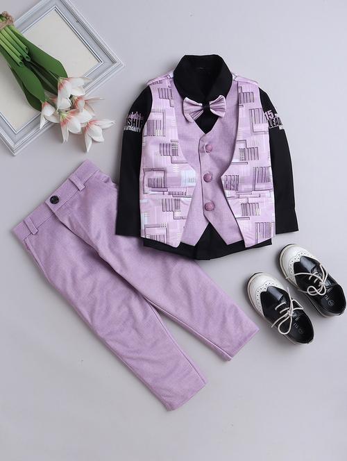 boys printed formal 3 pcs partywear suit set with neck bow - 21570371 - Very Small Image - 1